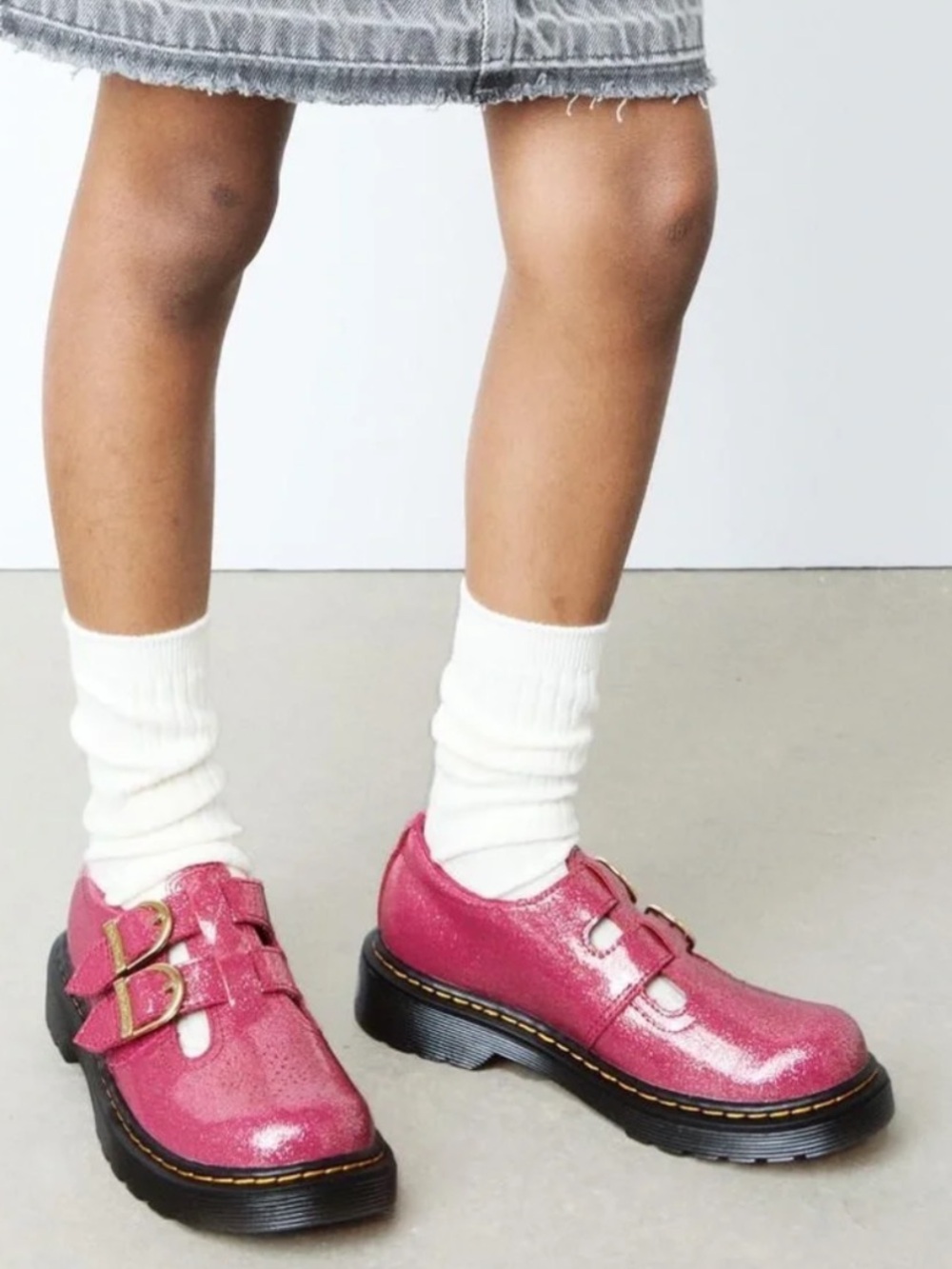 Dr. Martens Pink Glitter T-Bar Shoes with Gold Buckles